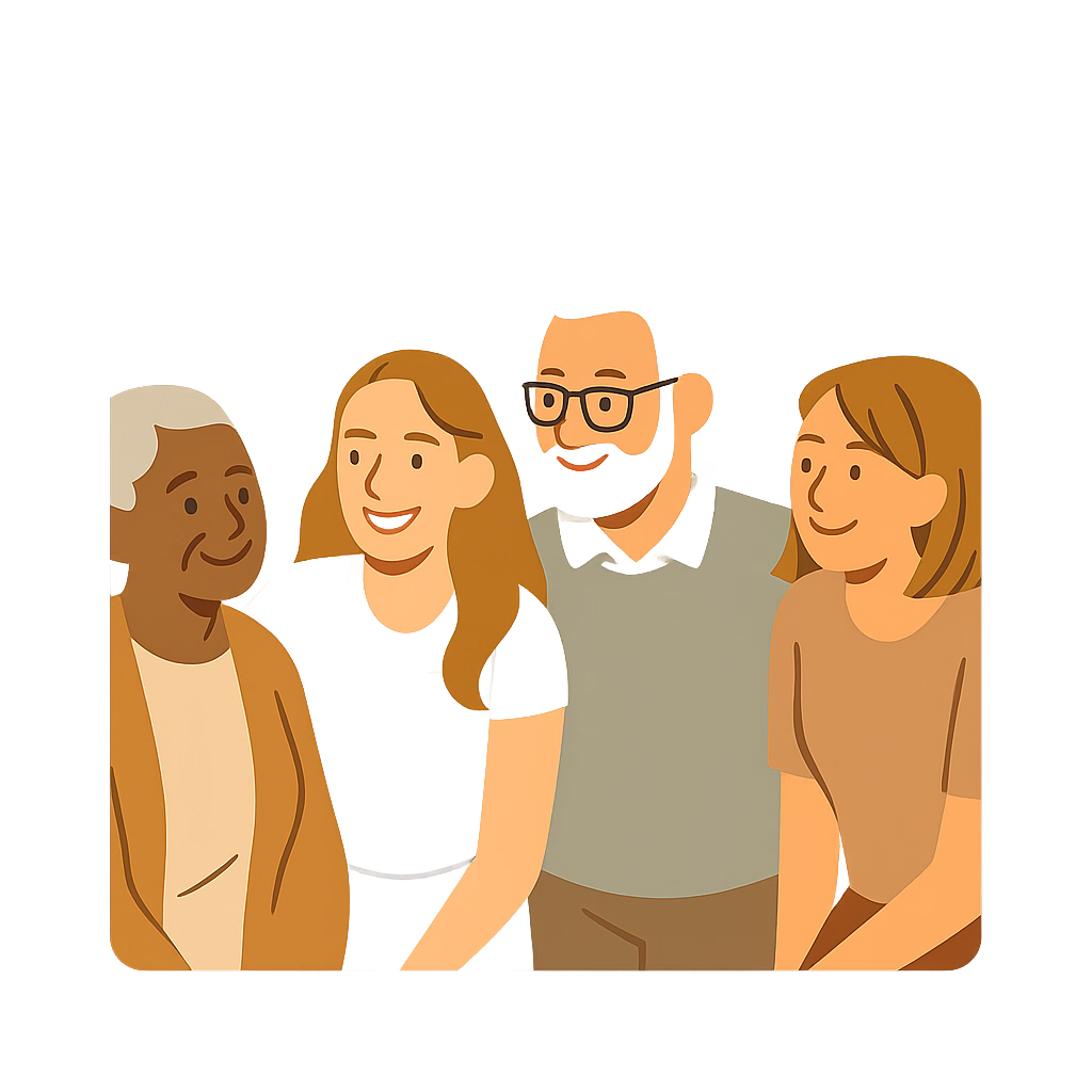 Illustration d’une équipe souriante dans un cadre chaleureux
